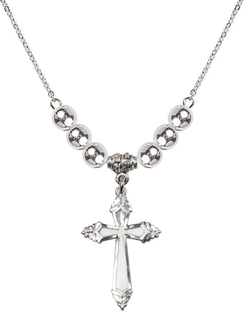 Sterling Silver Cross Birthstone Necklace with Sterling Silver Beads - 0665