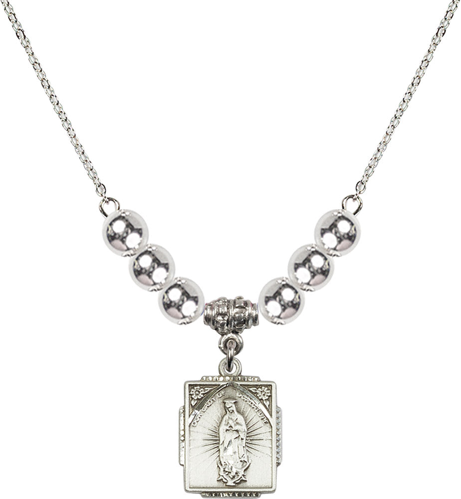 Sterling Silver Our Lady of Guadalupe Birthstone Necklace with Sterling Silver Beads - 0804