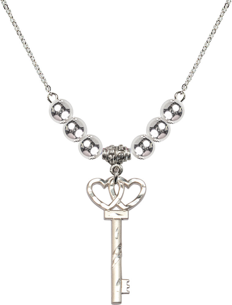 Sterling Silver Small Key w/Double Hearts Birthstone Necklace with Sterling Silver Beads - 6213