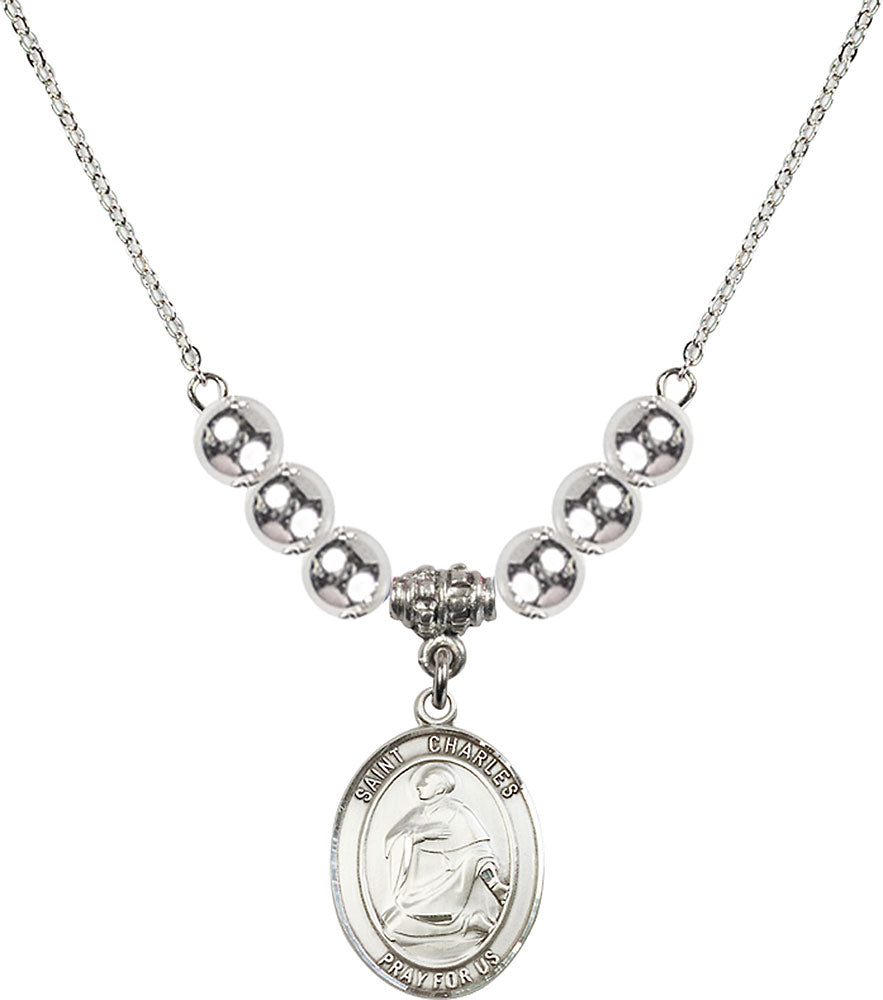 Sterling Silver Saint Charles Borromeo Birthstone Necklace with Sterling Silver Beads - 8020