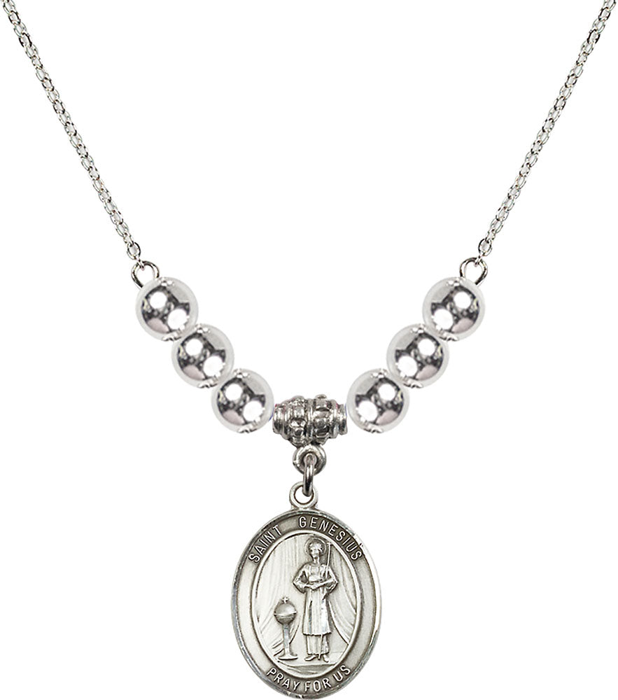 Sterling Silver Saint Genesius of Rome Birthstone Necklace with Sterling Silver Beads - 8038