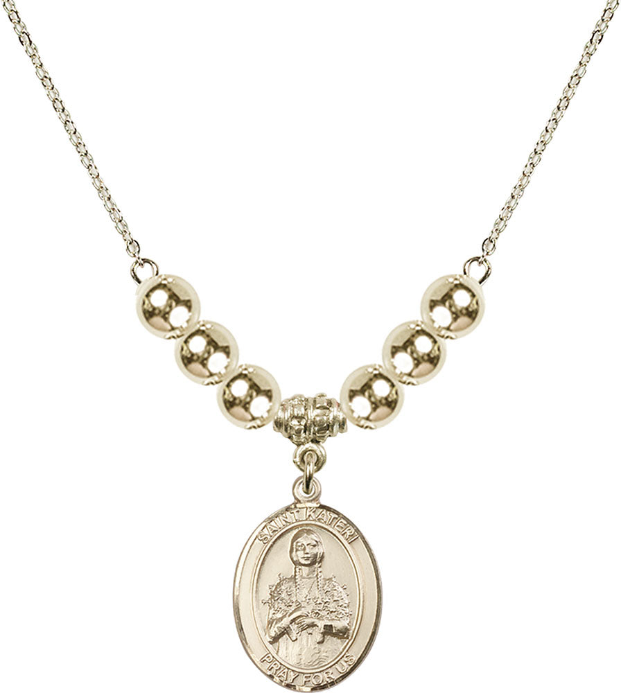 14kt Gold Filled Saint Kateri Tekakwitha Birthstone Necklace with Gold Filled Beads - 8061