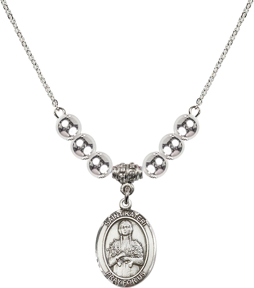 Sterling Silver Saint Kateri Tekakwitha Birthstone Necklace with Sterling Silver Beads - 8061