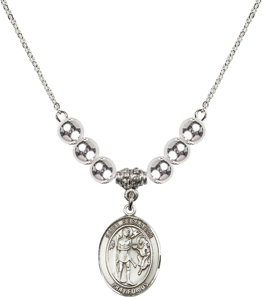 Sterling Silver Saint Sebastian Birthstone Necklace with Sterling Silver Beads - 8100