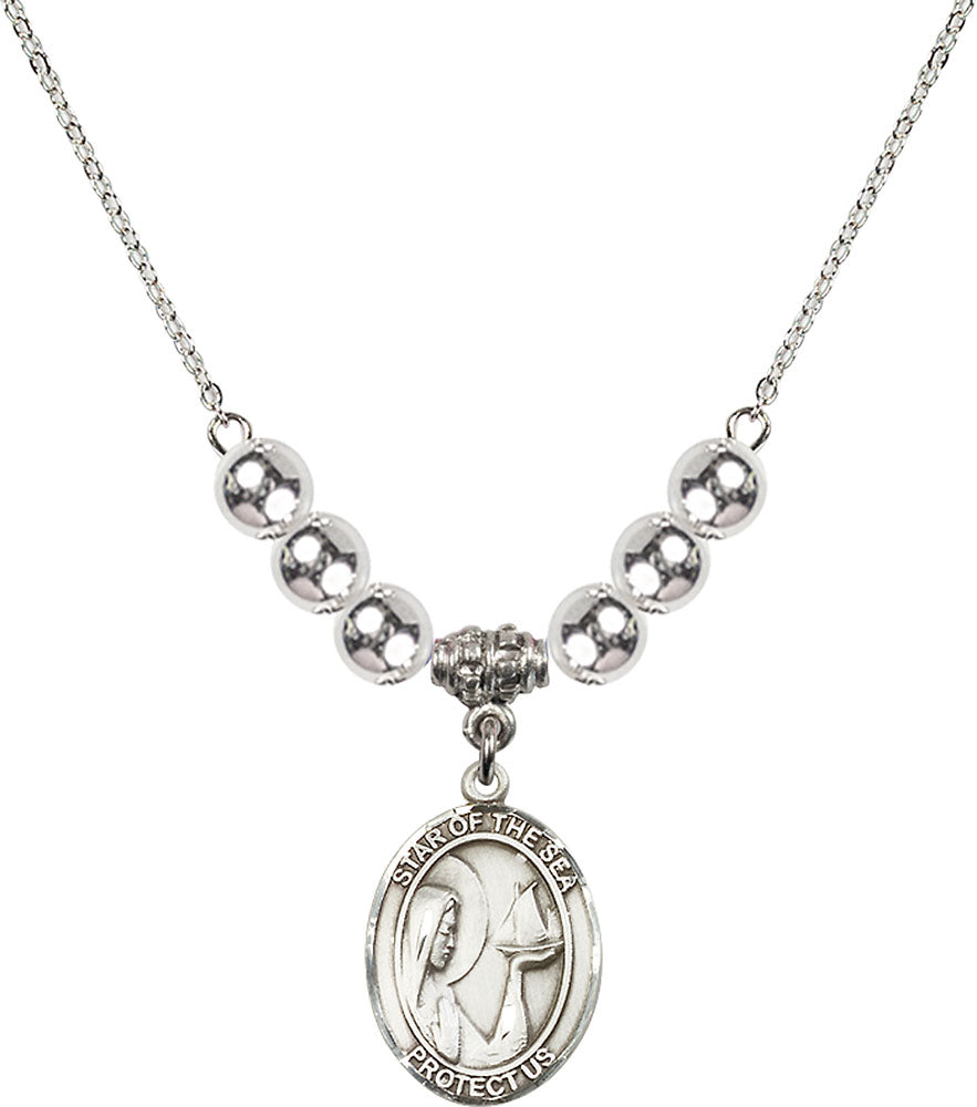 Sterling Silver Our Lady Star of the Sea Birthstone Necklace with Sterling Silver Beads - 8101