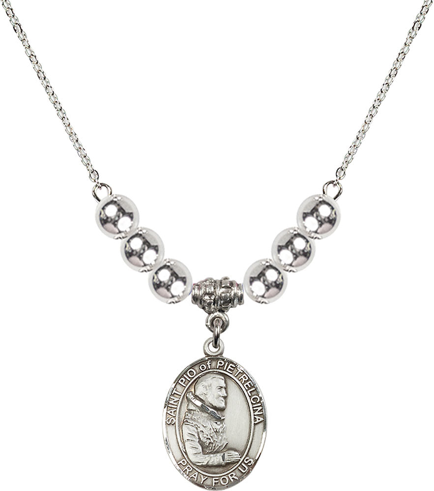 Sterling Silver Saint Pio of Pietrelcina Birthstone Necklace with Sterling Silver Beads - 8125