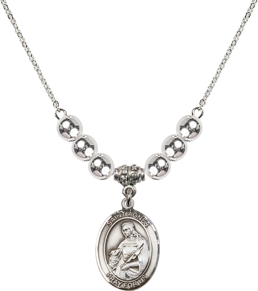 Sterling Silver Saint Agnes of Rome Birthstone Necklace with Sterling Silver Beads - 8128