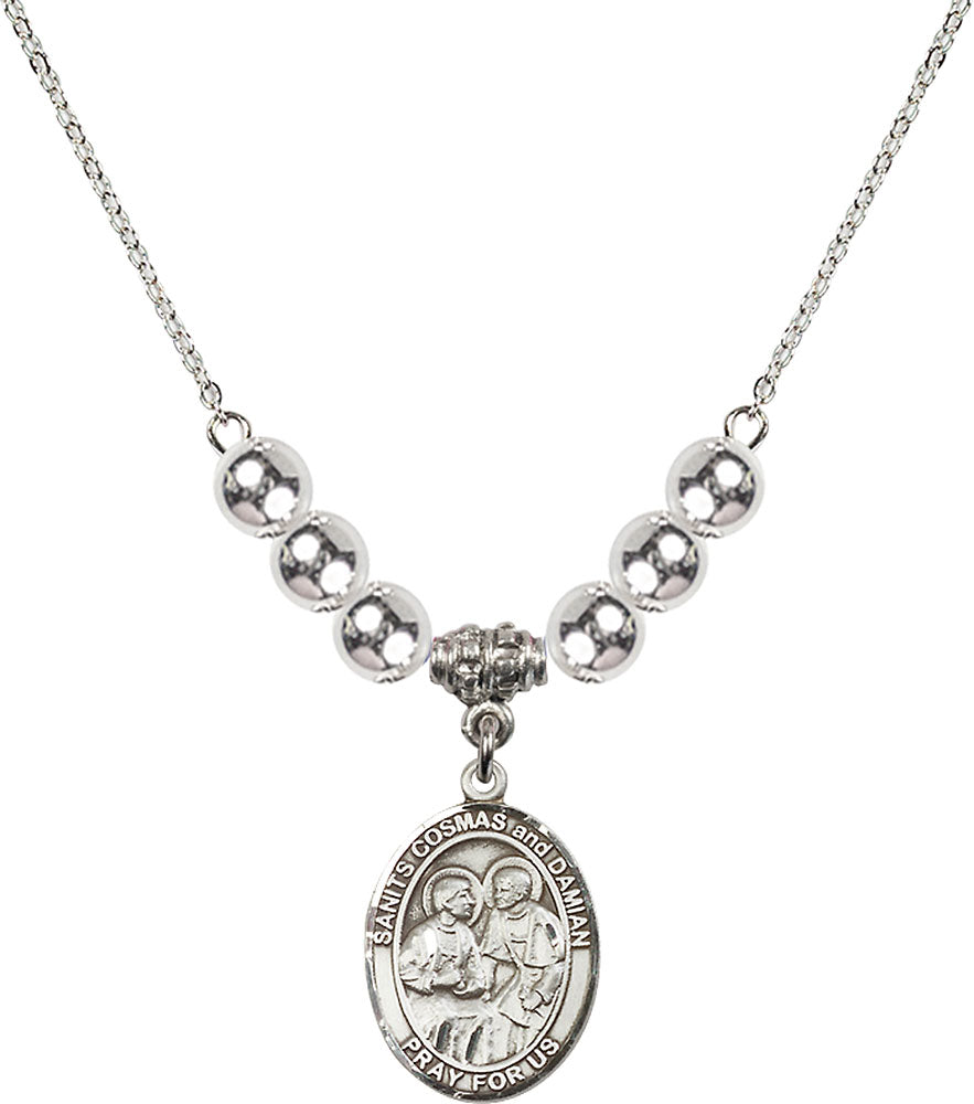 Sterling Silver Saints Cosmas & Damian Birthstone Necklace with Sterling Silver Beads - 8132