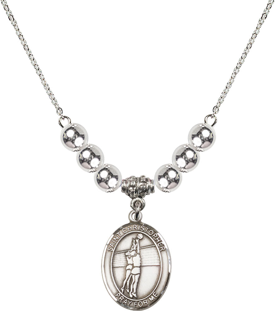 Sterling Silver Saint Christopher/Volleyball Birthstone Necklace with Sterling Silver Beads - 8138