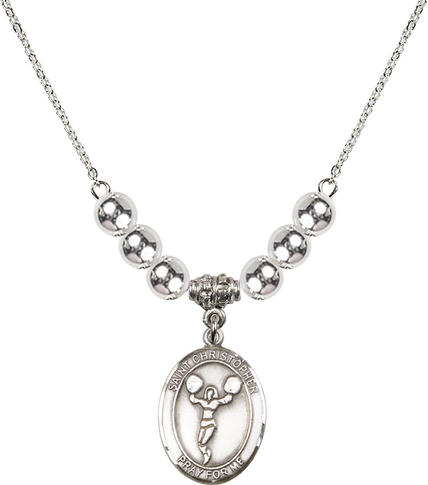 Sterling Silver Saint Christopher/Cheerleading Birthstone Necklace with Sterling Silver Beads - 8140