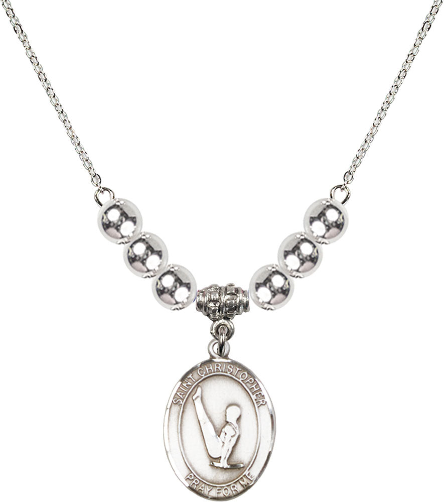 Sterling Silver Saint Christopher/Gymnastics Birthstone Necklace with Sterling Silver Beads - 8142
