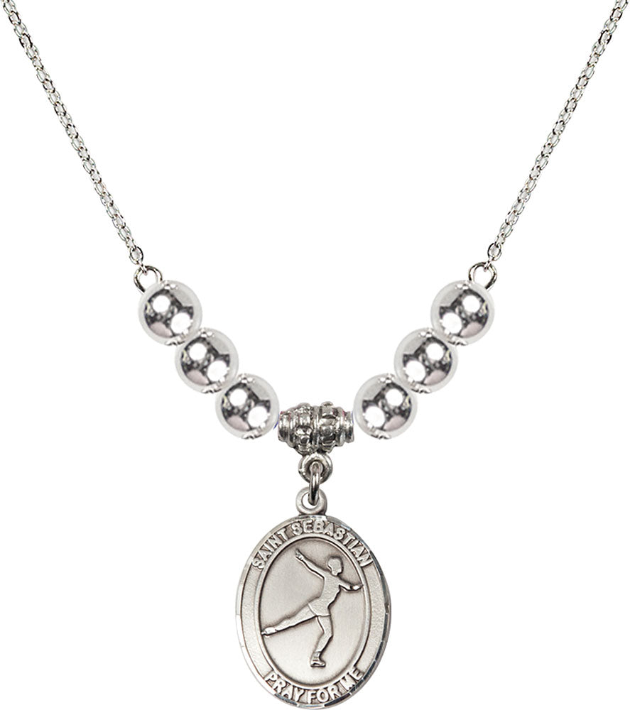 Sterling Silver Saint Sebastian/Figure Skating Birthstone Necklace with Sterling Silver Beads - 8177